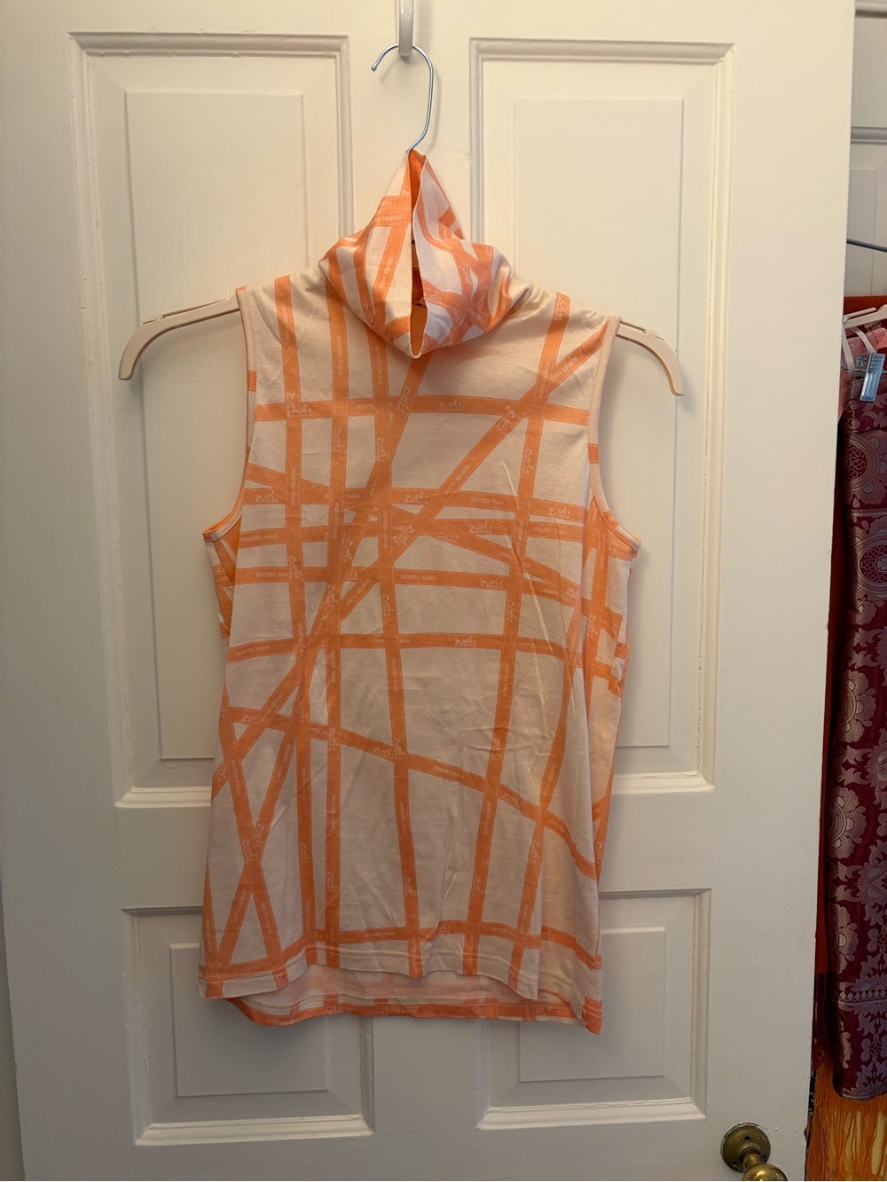 Hermès—Orange Ribbon Striped White Sleeveless Mock Neck Top, M - Picture 7 of 15